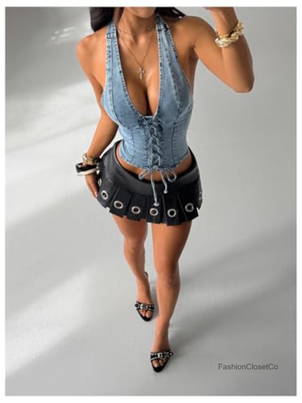 Women's Y2K Denim Halter Corset Vest Top Sleeveless Lace Up Backless - Picture 6 of 7